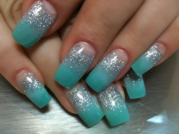 Teal with Silver Acrylic Nail Design Summer 2012 Orange Tree Beauty Centre Toronto